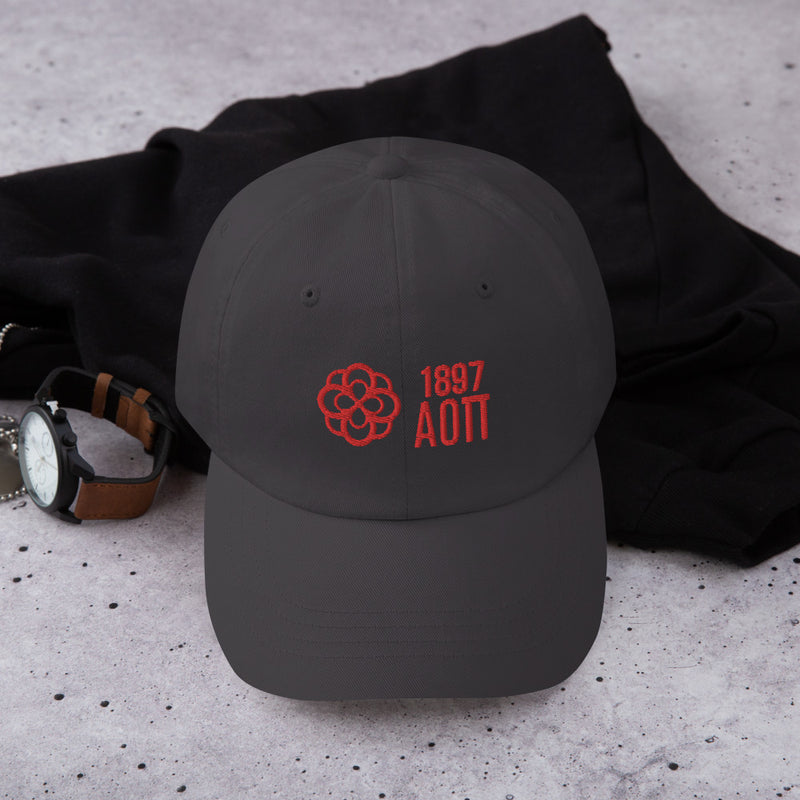 Alpha Omicron Pi 1897 Founding Year Baseball Hat in dark gray in detail view