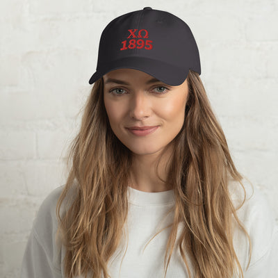 Chi Omega Red 1895 Founding Year Baseball Hat in dark gray