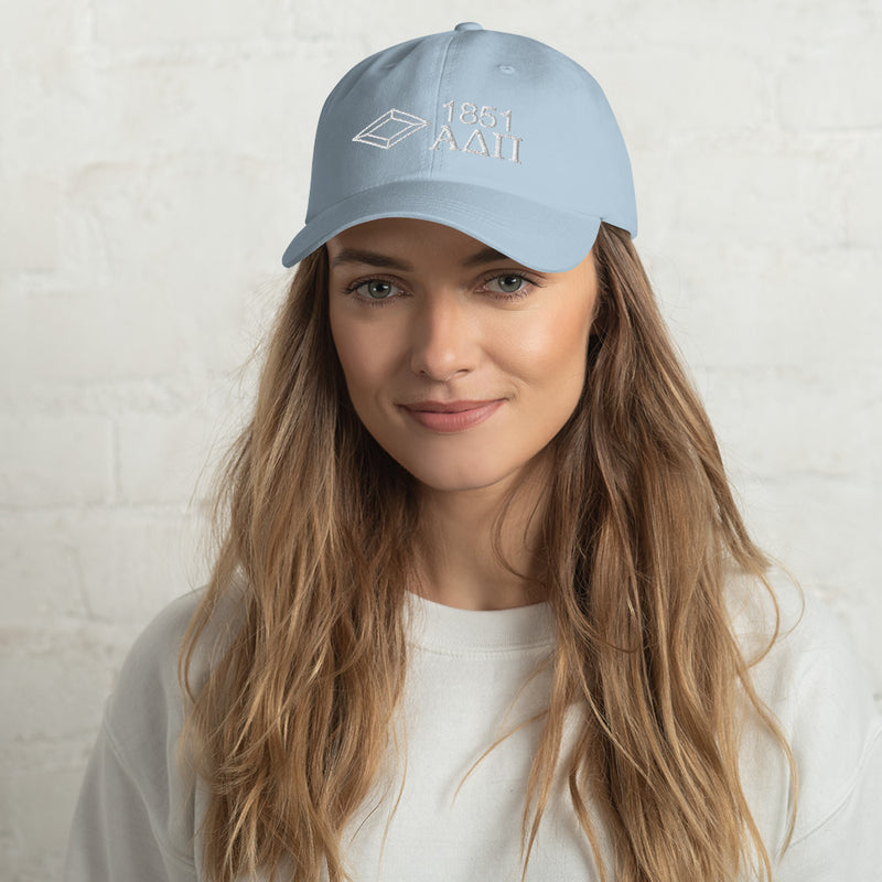 Our Alpha Delta Pi 1851 baseball cap featured in light blue with white embroidery.