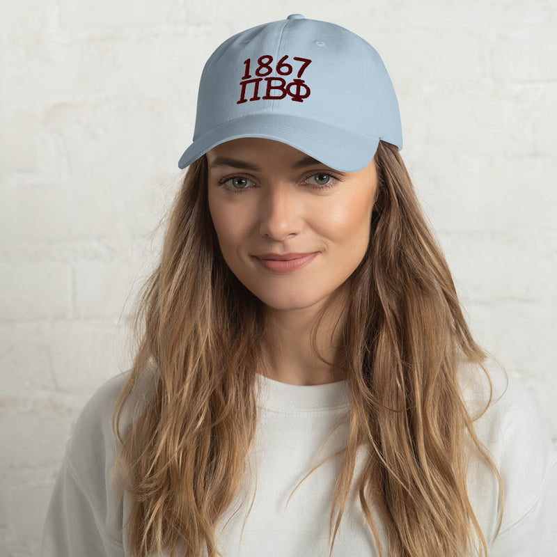 Pi Beta Phi Embroidered Dad Hat in light blue with maroon embroidery