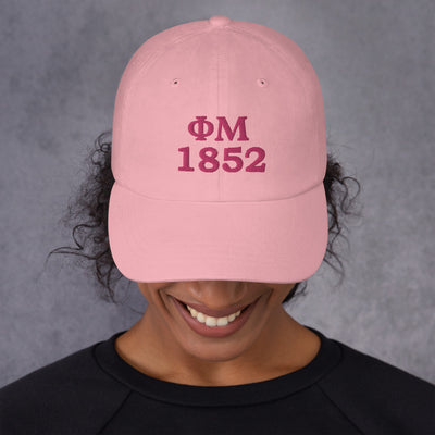 Phi Mu 1852 Founding Date Baseball Hat in pink