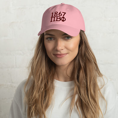 Pi Beta Phi Embroidered Dad Hat in pink with maroon embroidery