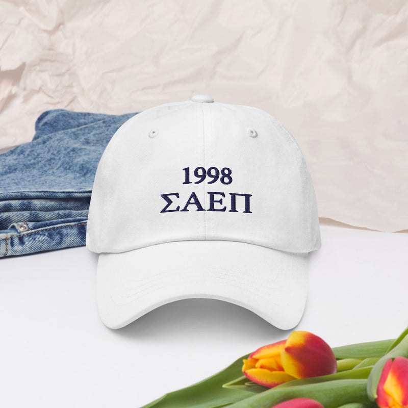 SAEPi embroidered baseball cap with SAEPi Greek letters and year 1998