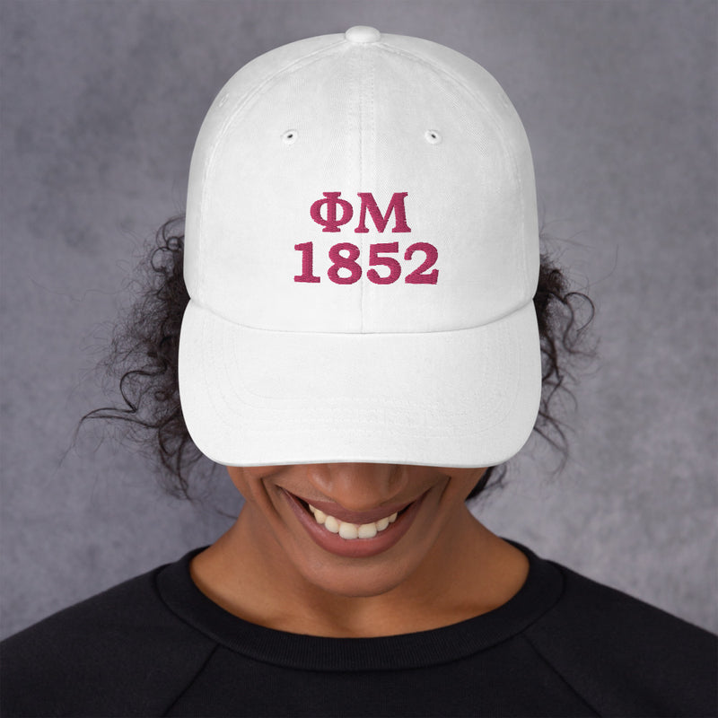 Phi Mu 1852 Founding Date Baseball Hat in white