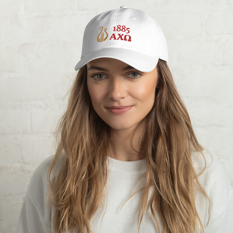 Alpha Chi Omega 1885 Lyre Baseball Hat in red and gold