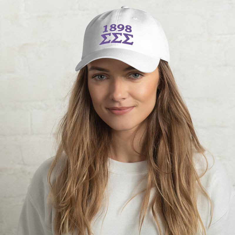 Tri Sigma 1898 Founding Year Baseball Hat in white on model