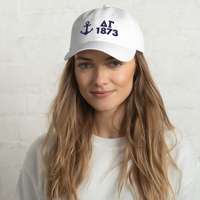 Delta Gamma 1873 Founding Year Baseball Hat in white color shown on woman's head
