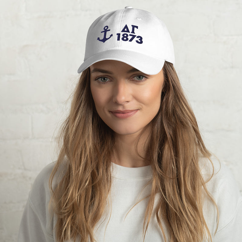 Delta Gamma 1873 Founding Year Baseball Hat in white color shown on woman&