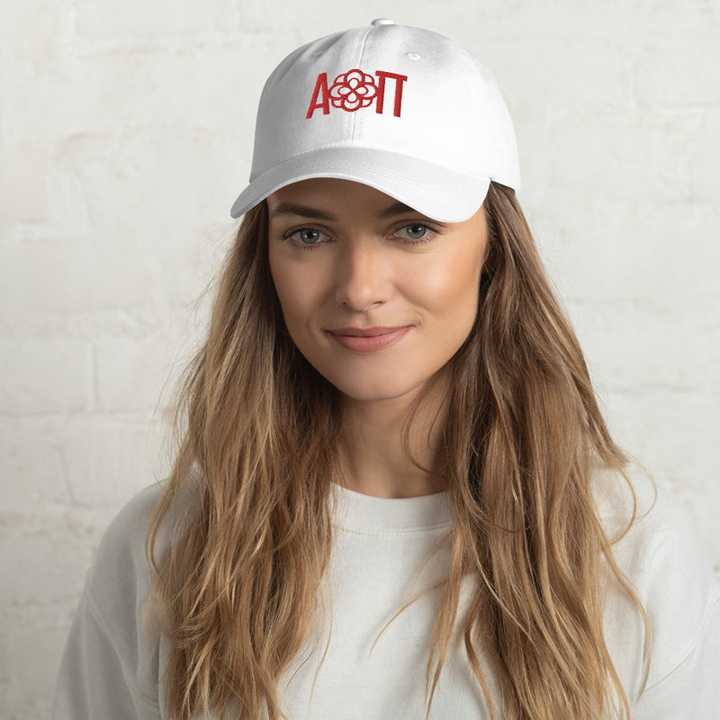 Alpha Omicron Pi Greek Letter and Infinity Rose Baseball Hat shown in white on model&