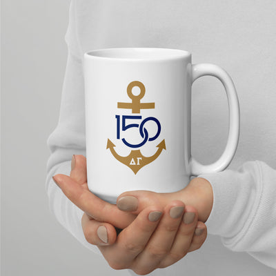 Delta Gamma Sorority Mug with Navy Bronze 150th logo in model's hands