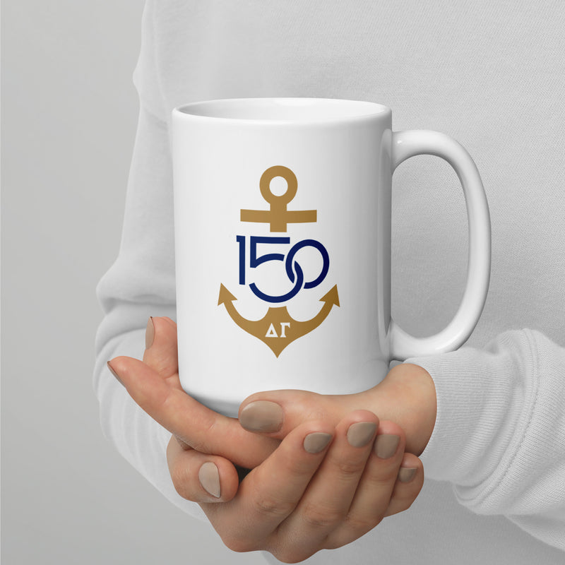 Delta Gamma 150th Anniversary 15 oz. Mug with handle on right in woman&