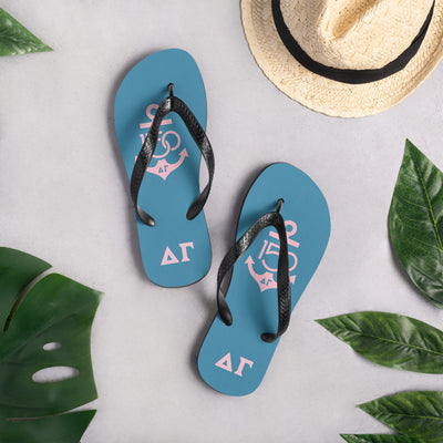 Delta Gamma Pink and Blue 150th Anniv. Flip-Flops in lifestyle setting