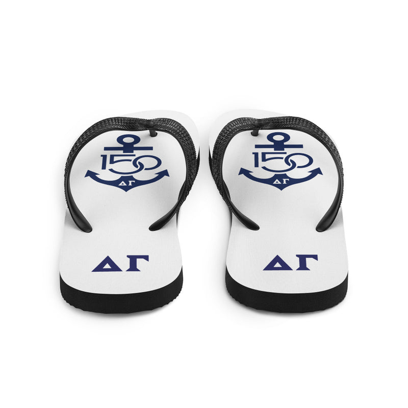 Delta Gamma 150th Anniversary Logo Flip-Flops, Navy and White in rear view