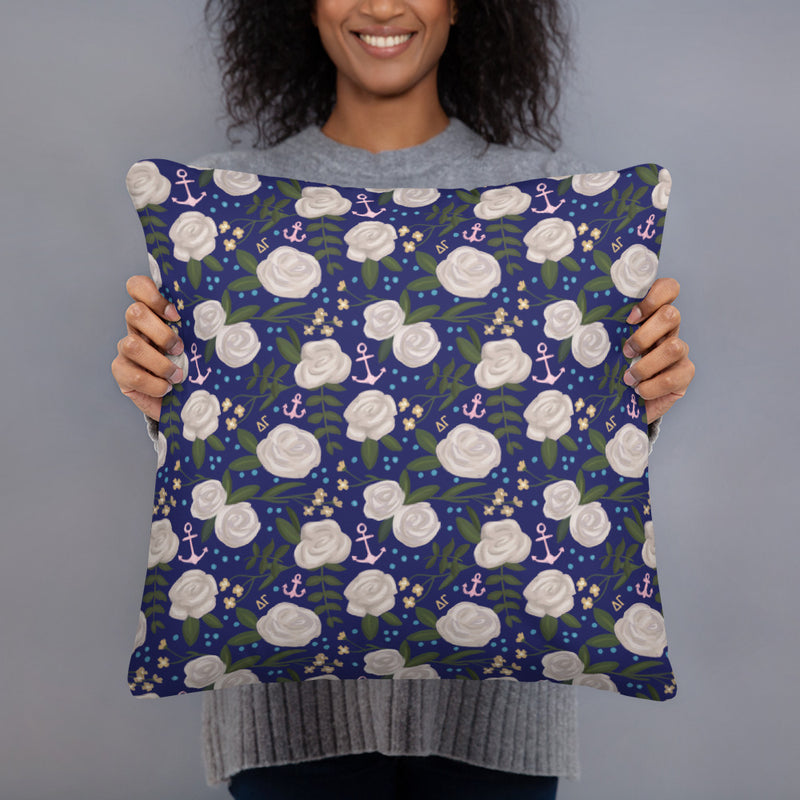 Delta Gamma 150th Anniversary Sorority Pillow in Navy floral print in model&