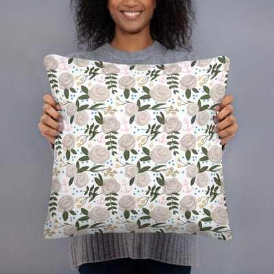 Delta Gamma Sorority Pillow with rose floral print on reverse side in model's hands