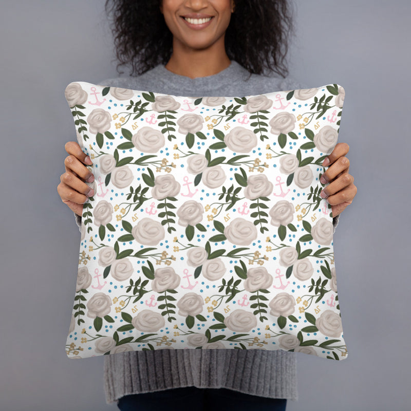 Delta Gamma Sorority Pillow with rose floral print on reverse side in model&