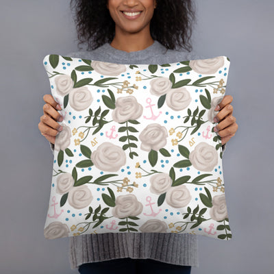 Delta Gamma Sorority Pillow showing rose floral print in white on back