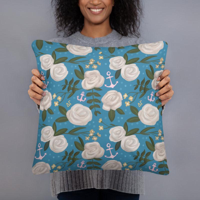 Delta Gamma Sorority Pillow in Legacy Blue and DG Pink with floral print on back