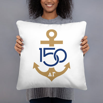 Delta Gamma 150th Anniversary Sorority Pillow in 18" x 18" size in model's hands