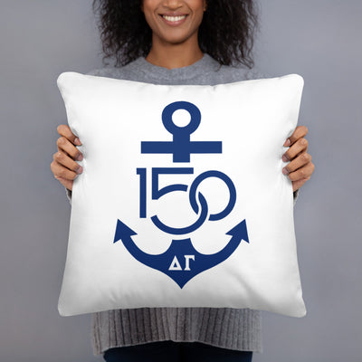 Delta Gamma Sorority Pillow shown in model's hands with 150th Anniv design