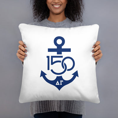 Delta Gamma 150th Anniversary Pillow in Navy and White in model's hands