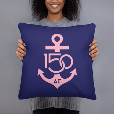 Delta Gamma Sorority Pillow with 150th Anniversary logo in DG Pink in model's hands