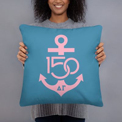 Delta Gamma Sorority Pillow in Legacy Blue and DG Pink with floral print on back 