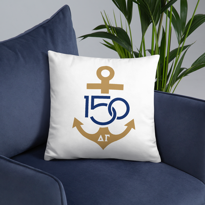 Delta Gamma 150th Anniversary Sorority Pillow in Navy and Bronze shown on chair