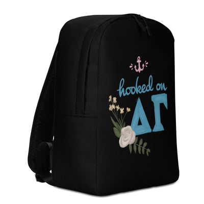 Delta Gamma Sorority Backpack in right side view in black with Hooked on DG design