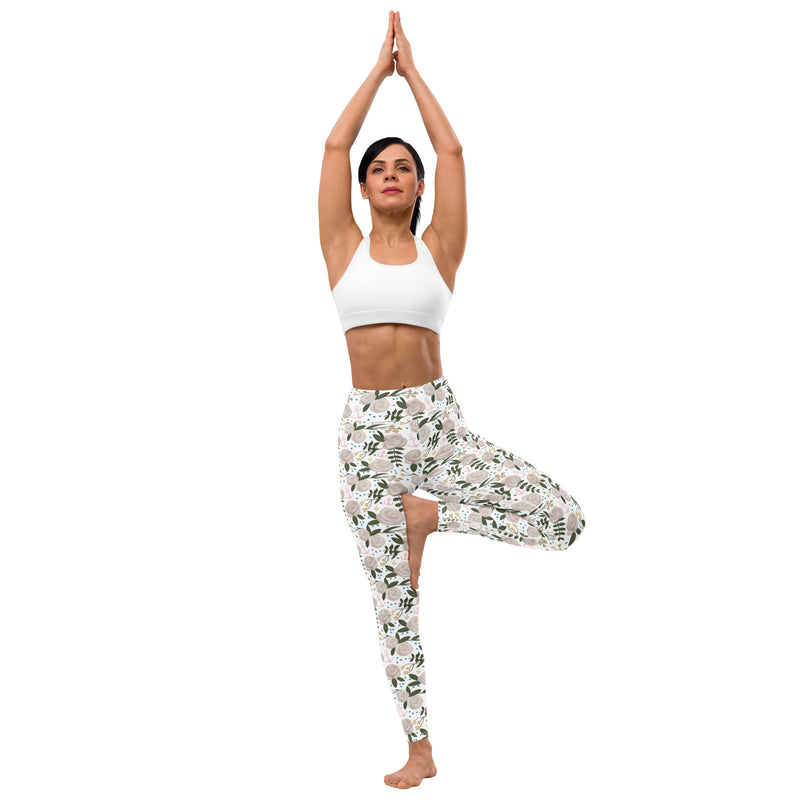 Delta Gamma Sorority Leggings in white floral print shown on model in tree pose