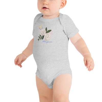 Delta Gamma Rose and Anchor Baby onesie in athletic heather gray on model
