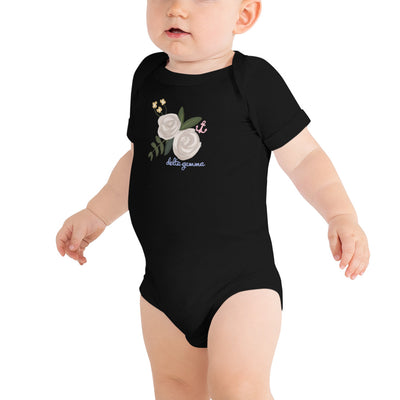 Delta Gamma Rose and Anchor Baby onesie in black shown on infant model
