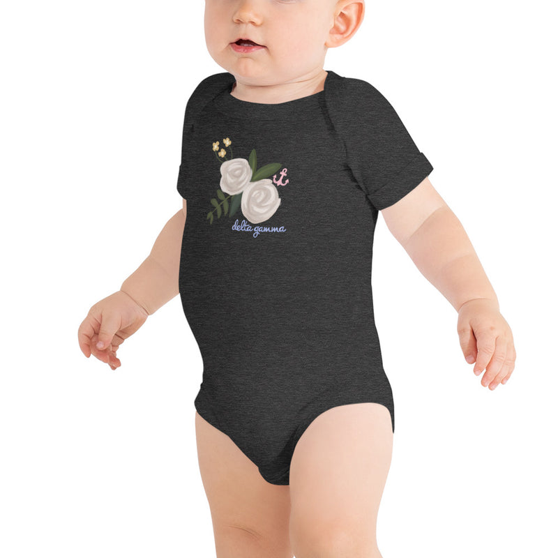 Delta Gamma Rose and Anchor Baby onesie in dark gray shown on infant model