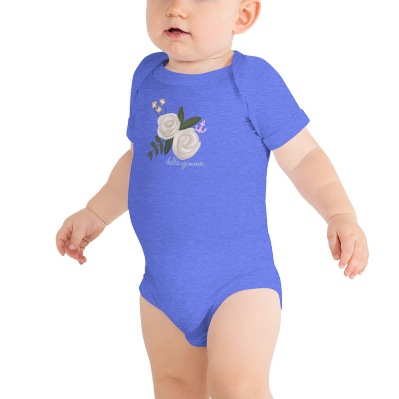 Delta Gamma Rose and Anchor Baby onesie in blue shown on infant model