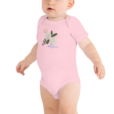 Delta Gamma Rose and Anchor Baby Onesie in Pink on infant model