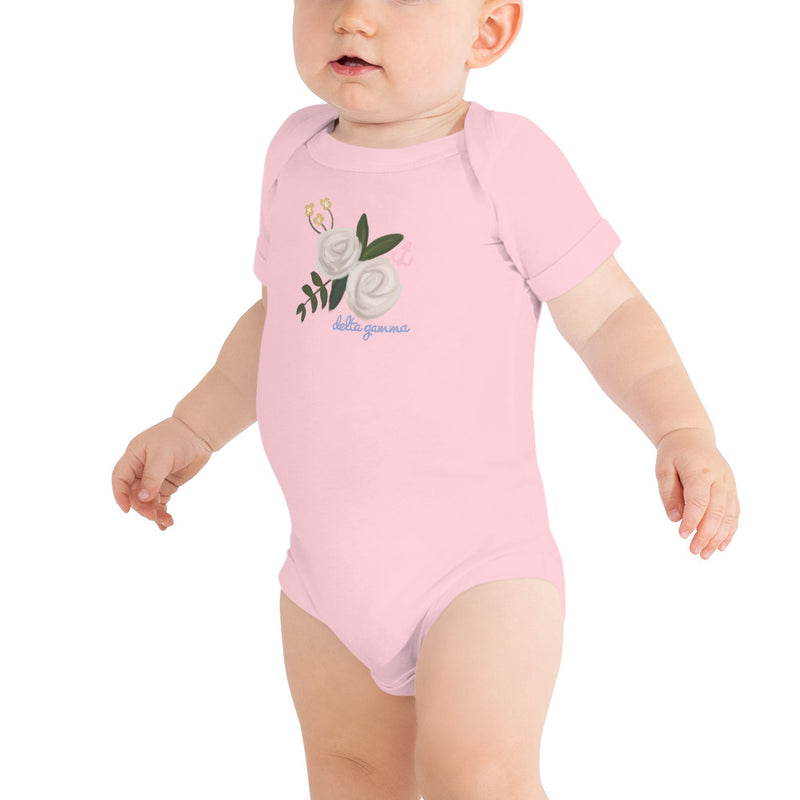 Delta Gamma Rose and Anchor Baby Onesie in Pink on infant model