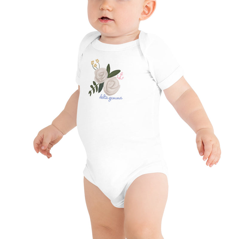 Delta Gamma Rose and Anchor Baby onesie in white shown on infant model