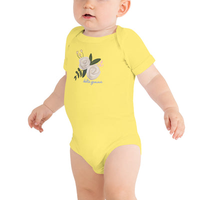 Delta Gamma Rose and Anchor Baby onesie in yellow shown on infant model
