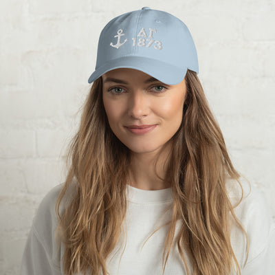 Delta Gamma 1873 Baseball Cap shown with white embroidery on light blue cap