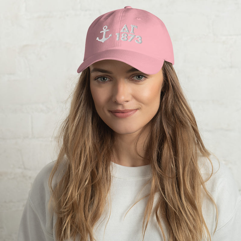 Delta Gamma 1873 Baseball Cap with white embroidery on light pink cap