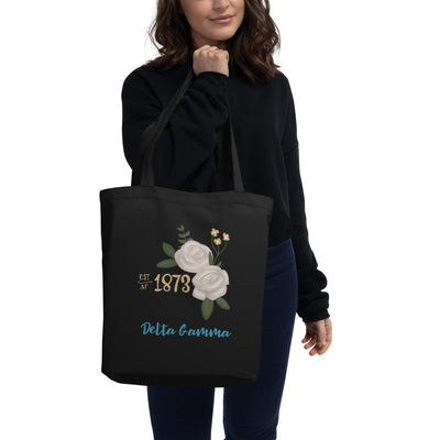 Delta Gamma 1873 Sorority Tote Bag shown in black on model's arm