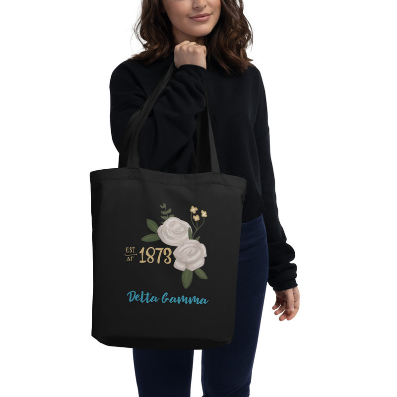 Delta Gamma 1873 Sorority Tote Bag shown in black on model&