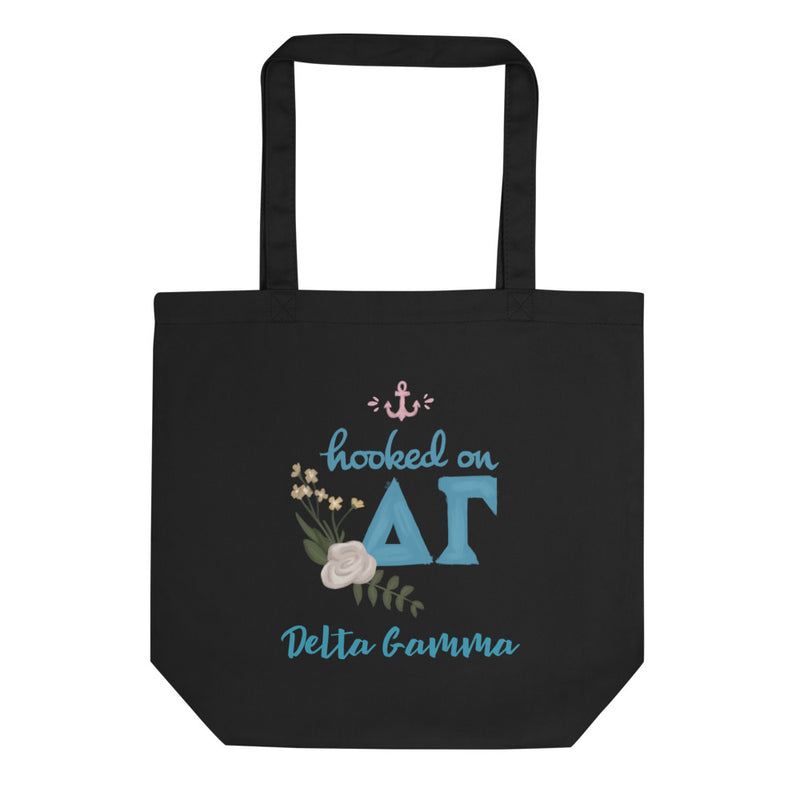 Delta Gamma Hooked on DG Sorority Tote Bag shown in black laying flat