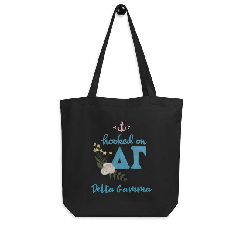 Delta Gamma Hooked on DG Sorority Tote Bag shown in black shown on hook