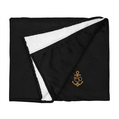 Delta Gamma Sorority Sherpa Blanket in black shown flat with 150th logo