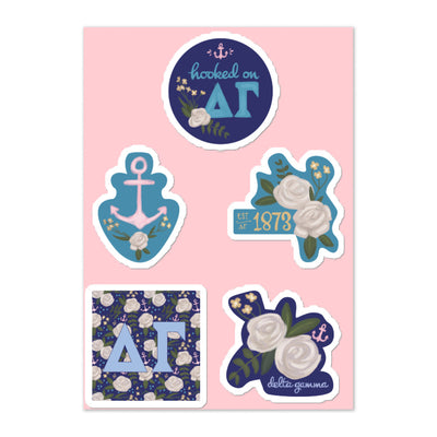 Delta Gamma Sorority Sticker Sheet with 5 unique artist-drawn designs