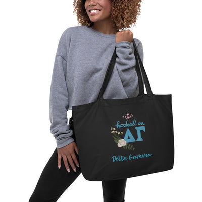 Delta Gamma Hooked on DG Sorority Tote Bag in extra large size on model's arm