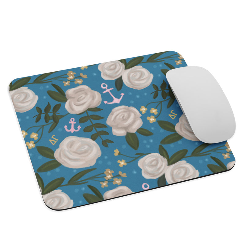 Delta Gamma Pink Anchor Mouse Pad with rose floral print in Legacy blue