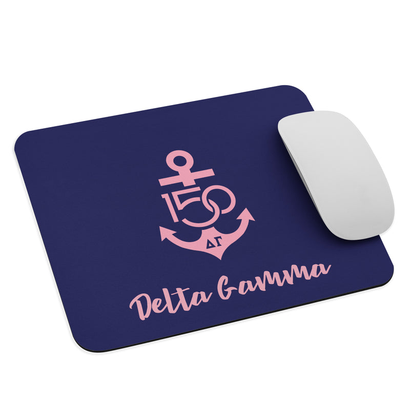 Delta Gamma Mouse Pad in Navy blue and DG pink shown with mouse