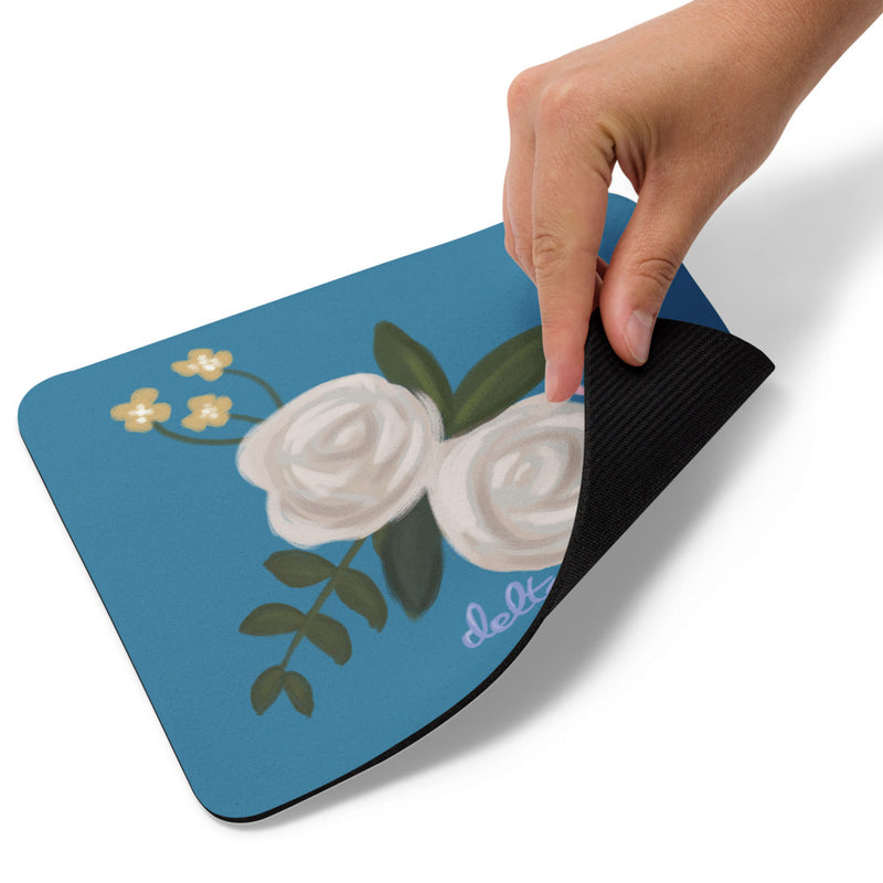 Delta Gamma Rose and Anchor Mouse Pad showing rubber non-slip backing